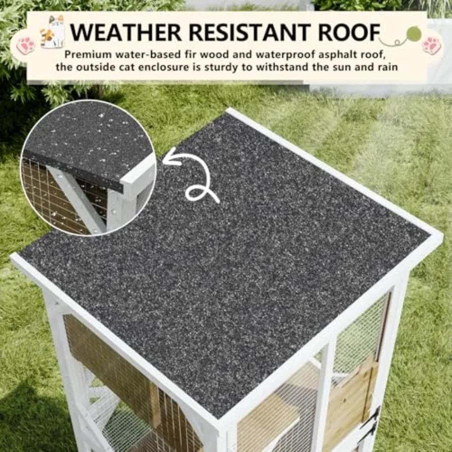 71 Coffret d'extérieur pour chat sur roulettes avec grand patio en bois, design Catio, comprend un tirette de toit étanche et confortable.