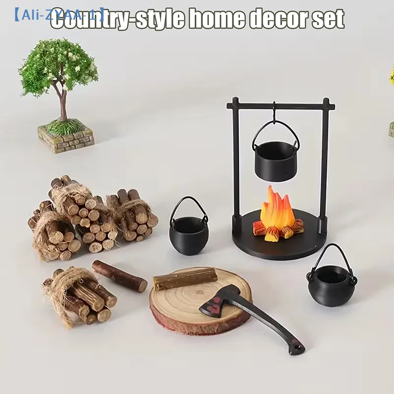 【ZYAA-1】1 Set Miniatur-Lagerfeuer und Teekanne, moderne, fantasievolle Miniatur-Skulptur-Dekorationen, DIY-Bastelzubehör