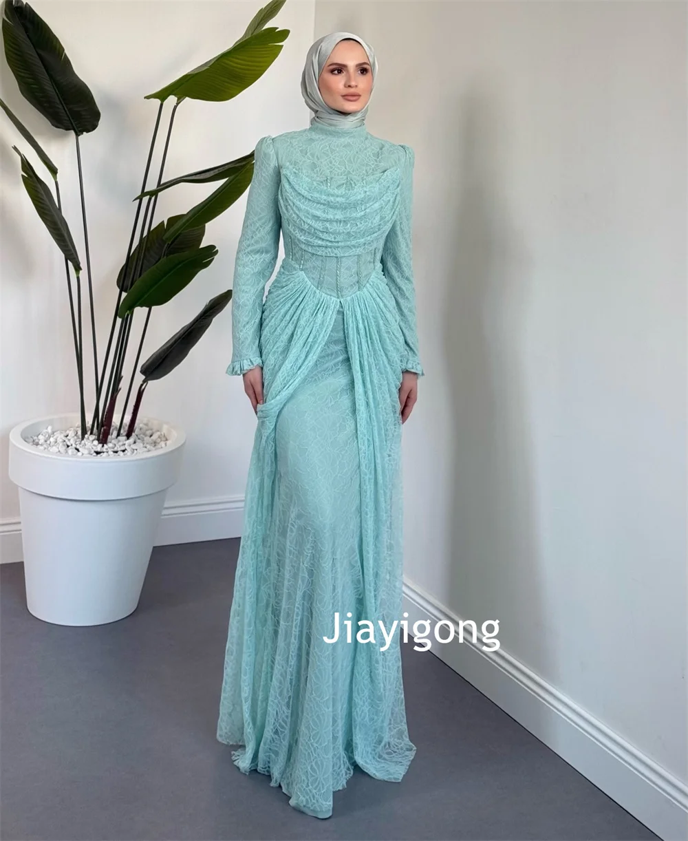Customized Intricate Lace Trumpet High Collar Bespoke Occasion Evening Dresses Elegant Matching Sizes Available