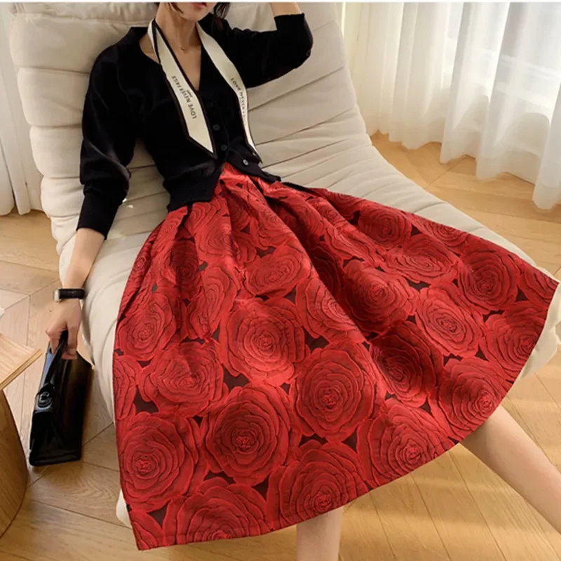 

Elegant Flower Jacquard Ball Gown Fall French Vintage Women High Waist Pleated Midi Skirt Female Korean Sweet A Line Party Skirt