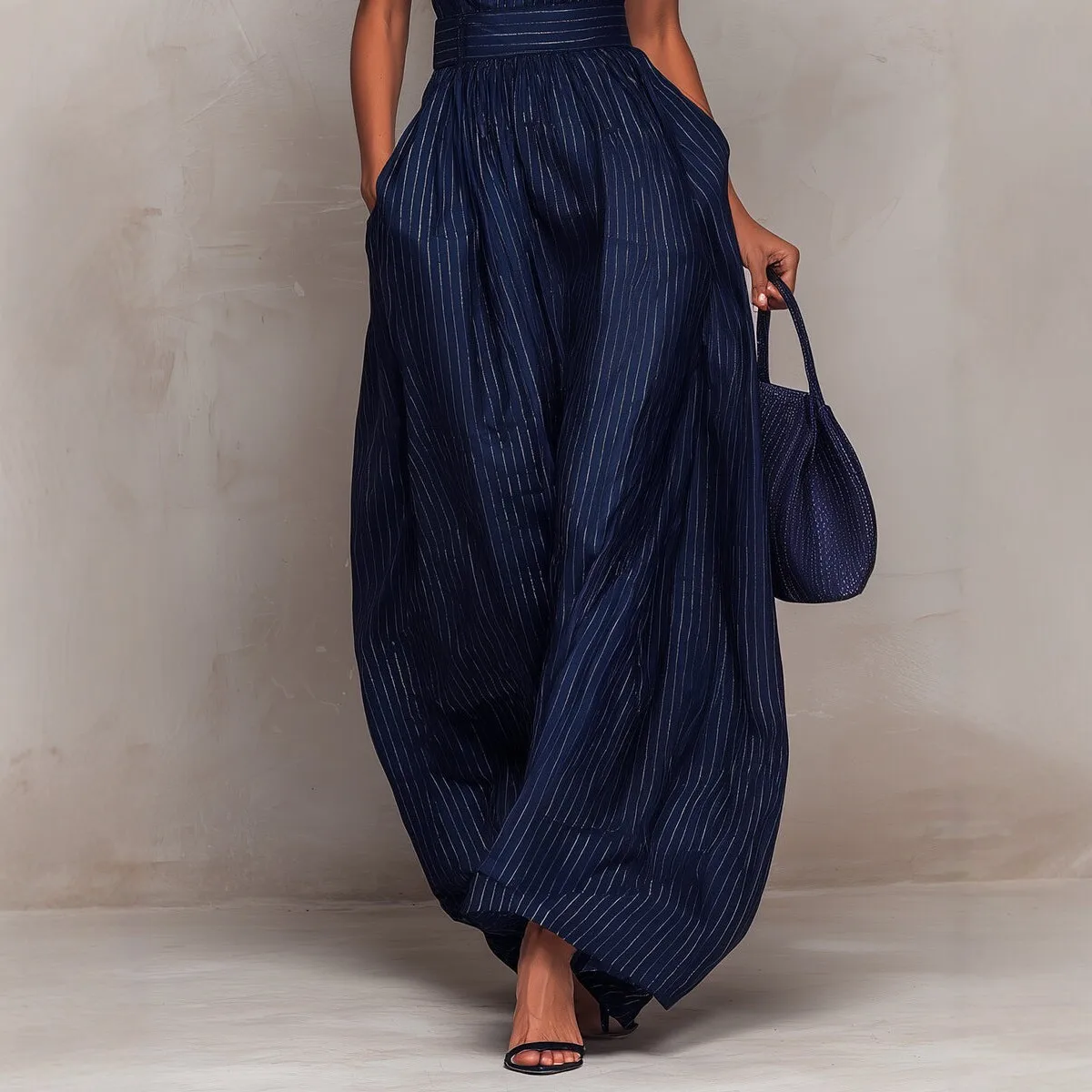 Women's Jumpsuit Summer French Style Navy Blue Striped Jumpsuits High Waist Pockets Wide Leg Jumpsuit Maxi Keyhole Neckline