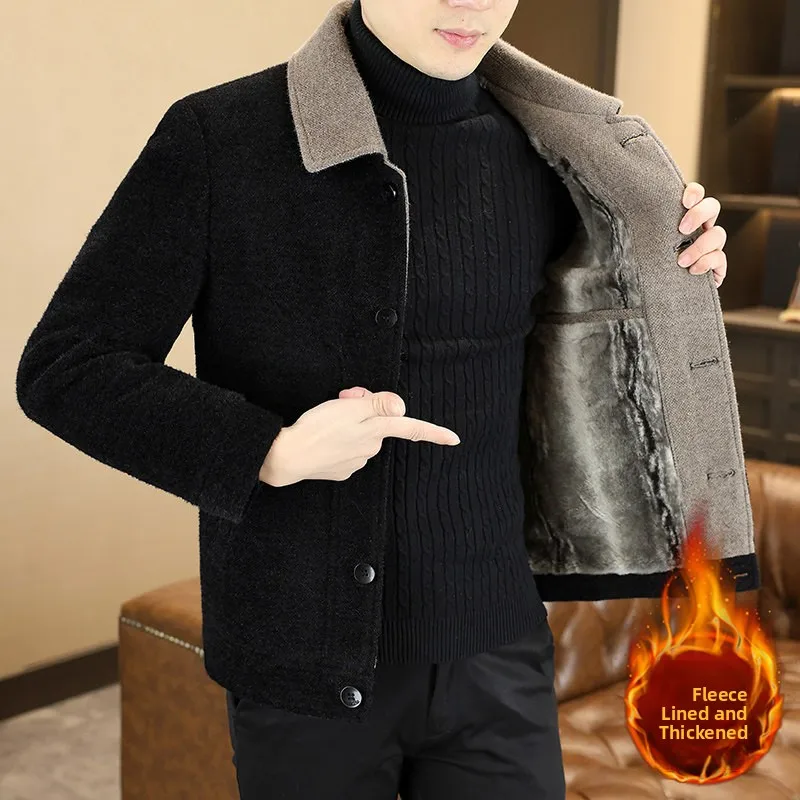 

Мужская утепленная шерстяная куртка на флисовой подкладке, повседневная, модная, городской дизайн, из полиэфирного волокна, приталенный крой, зимняя куртка