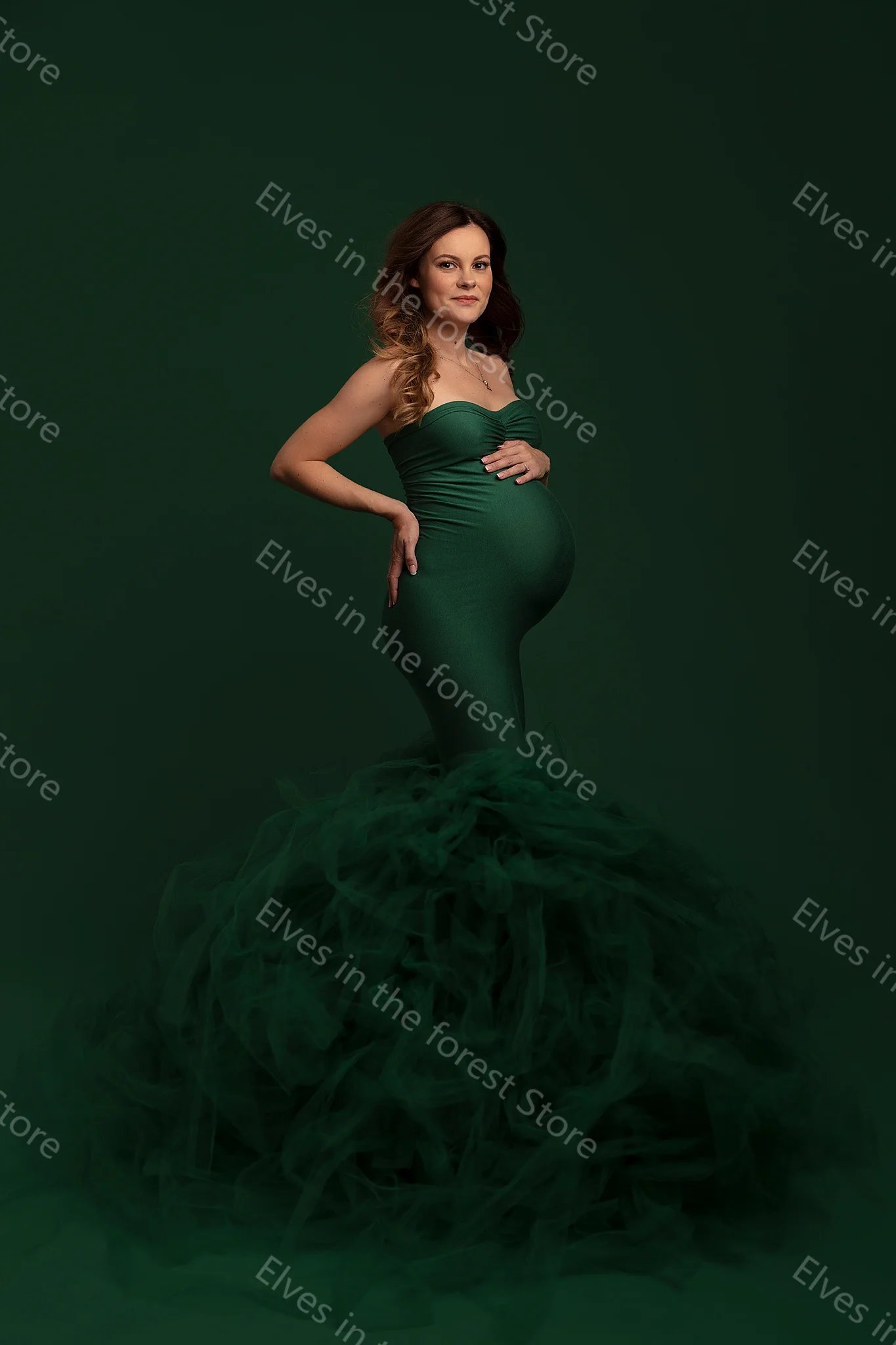 Vestidos de Noche verde oscuro para mujer, túnicas de fotografía de sirena Sexy con volantes escalonados desmontables, vestidos de embarazo sin mangas