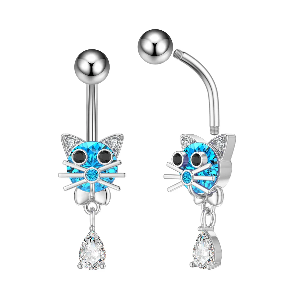 1pcs Cute Cat Blue Crystal CZs Belly Button Ring 14G Stainless Steel Butterfly Heart Dragon Style Dangle Navel Piercing Nombril