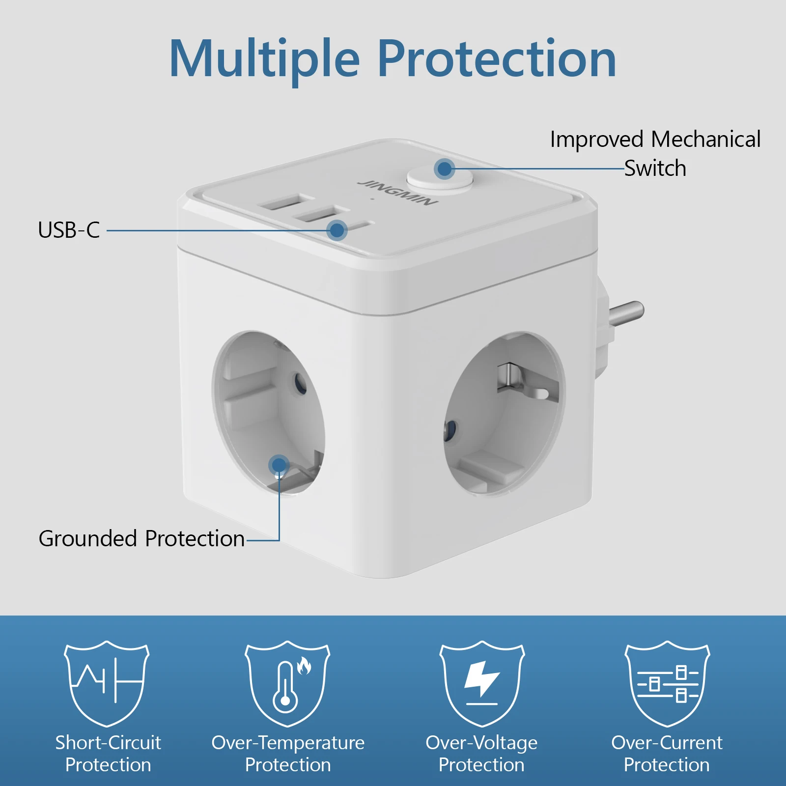 Wall Socket Extender with Switch 3 Outlets 2 USB A and 1 Type C Port Portable Cube Socket Power Strip Adapter Charger For Travel image 2