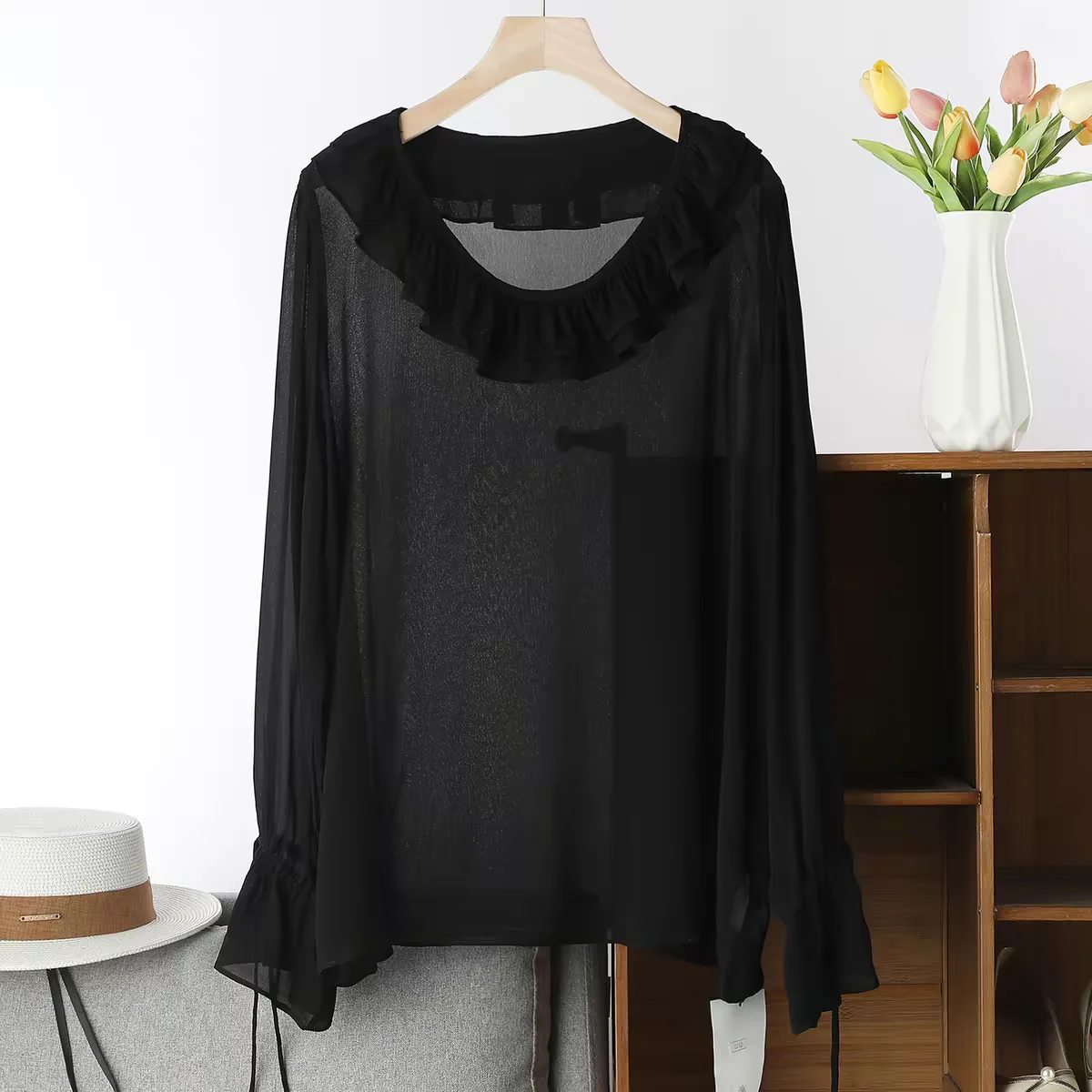 Korean Fashion plus Size Women's Blouse Long Sleeve Chiffon Top with Ruffle Collar Sexy Elegant Thin See-through 5XL 6XL view 4