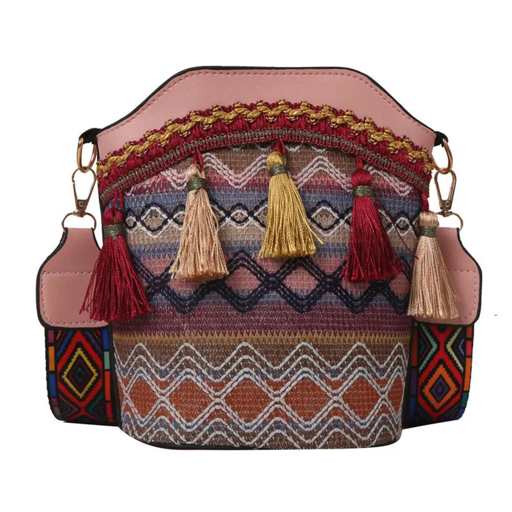 Vintage National Women Messenger Bag Tassel Ethnic Handwoven Crossbody Bag Hippie Sling Shoulder Bags For Ladies Small Handbag