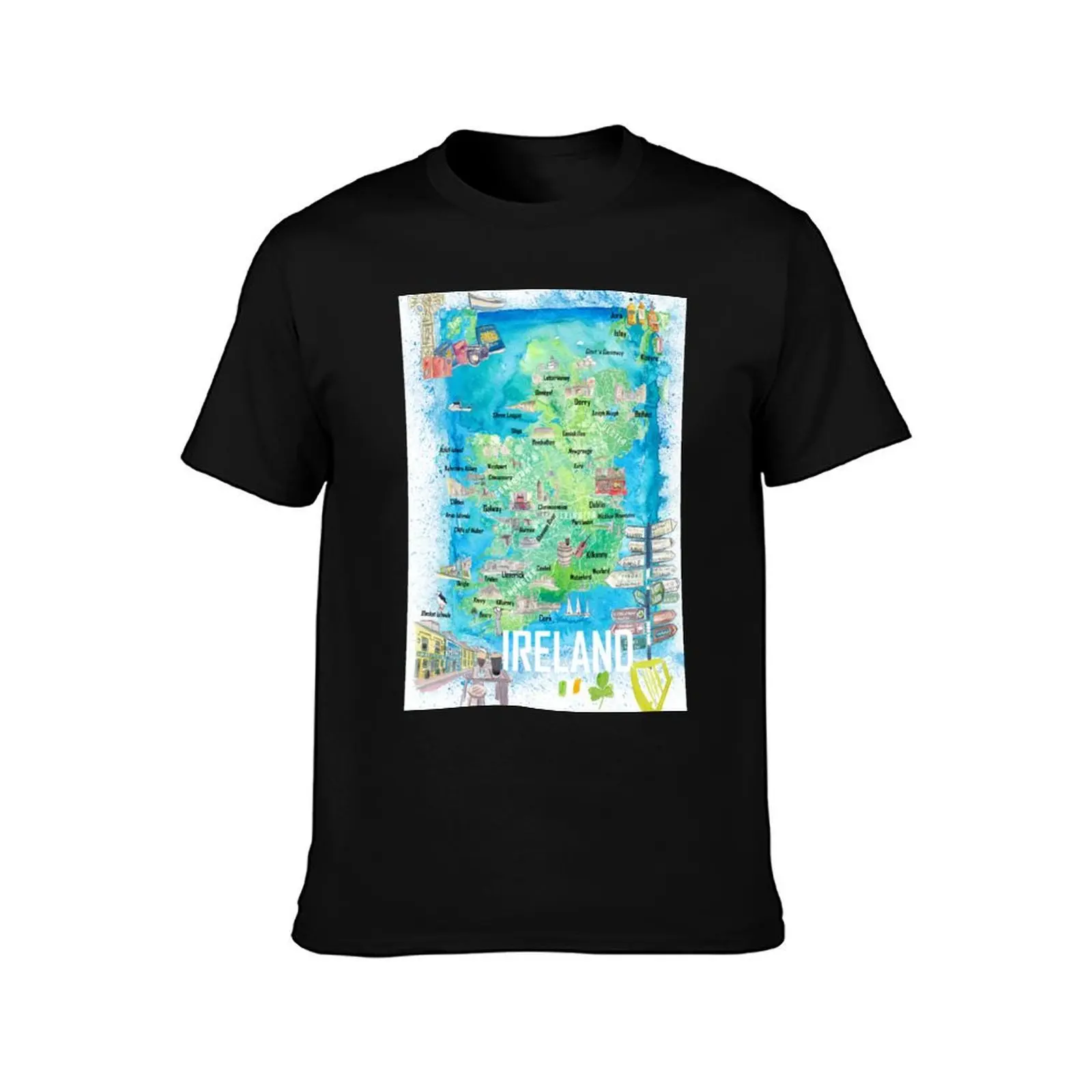 Ireland Illustrated Travel Map with Tourist Highlights - Signpost Edition T-Shirt Fashion Letter Print T-Shirt