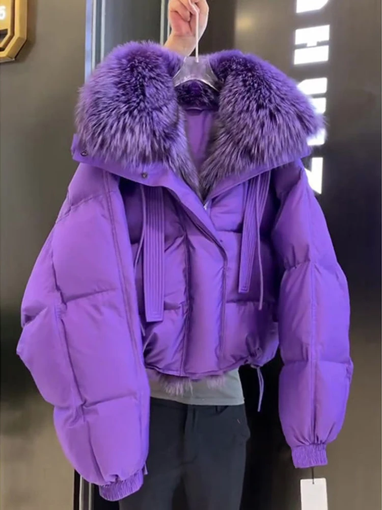 Down Jacket Women\'s Purple Short High-End Thick Warm Loose Windproof High-Grade Fur Collar Cotton-Padded Winter Stand CollarCoat