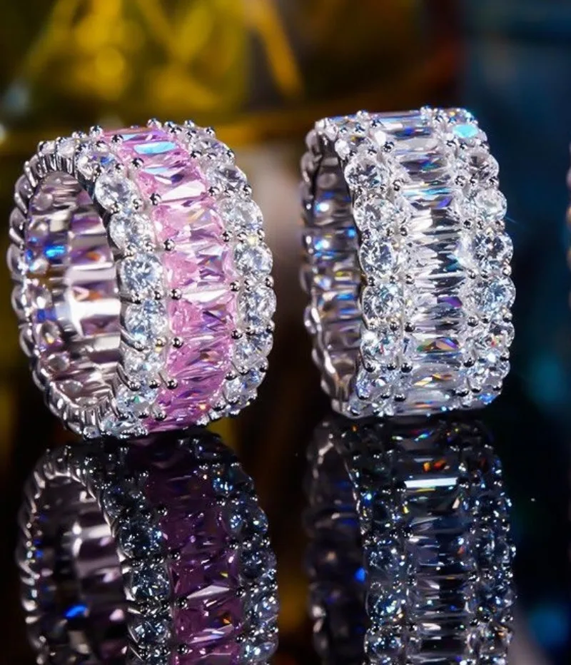 Luxury Pink Zircon Wide Wheel Rings For Women 925 Silver Multi-Row Promise Engagement Wedding Bands Bridal Jewelry Love Gifts