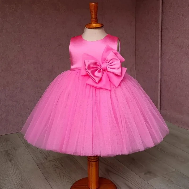 Baby Bow Tulle Baptism Dress for Girls Gown Toddler Kids Wedding Elegant 1st Birthday Party Princess Dress Tutu Evening Dresses