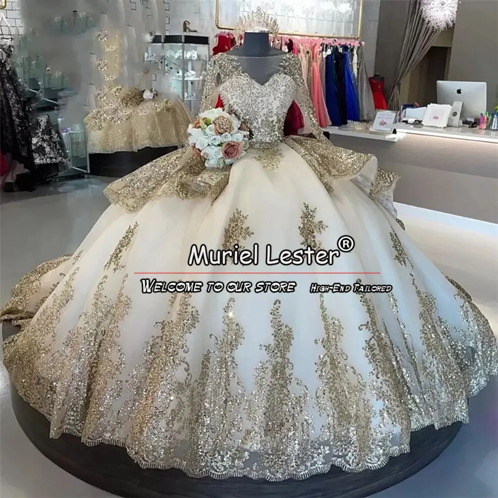 

Gold Appliques Ball Gown Quinceanera Dresses For Graduation Long Sleeves Beaded Banquet Women Clothing Tailor-Made Female Dress