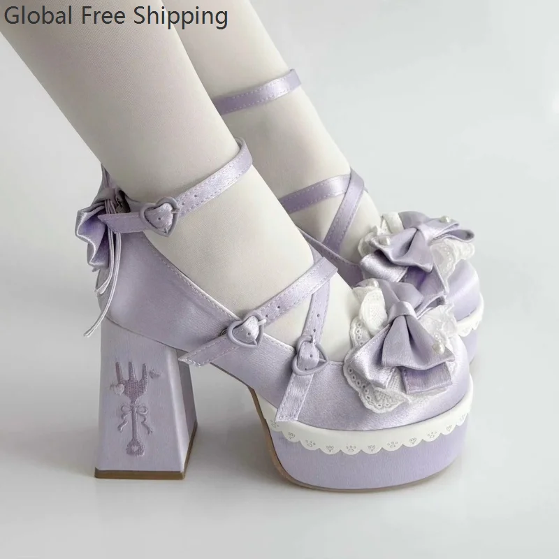 Sweet Lolita High-heeled Platform Shoes Cute Schoolgirl Cosplay Pearl Lace Bow Mary Jane Shoes Japanese-style High Heels 2026 4