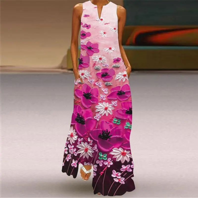 New Hot Ladies Maxi Dress Summer Fashion Elegant Flower Print Sexy V-Neck Sleeveless Party Dress Casual Ladies Street Dress