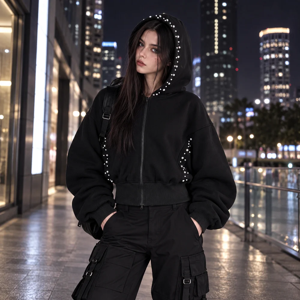 Unisex Cropped Full Zip Hoodie Faux Pearl Stud Trim Relaxed Fit Long Sleeve Relaxed Fit Hooded Streetwear Jacket