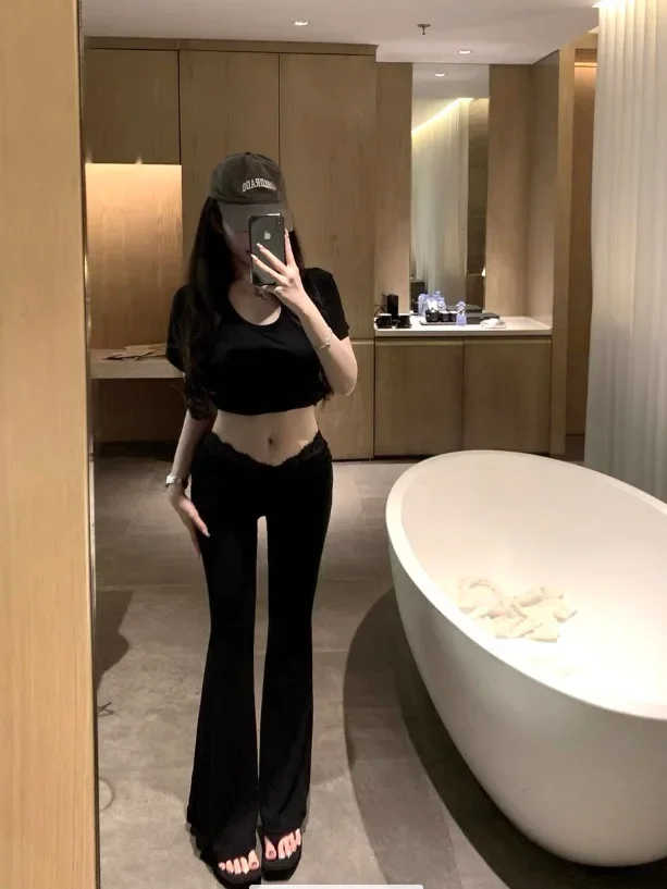 Ballet Lace Aesthetic Splicing High Waist Slim Slim Bell-bottom Pants Drape Micro Casual Pants Commuting