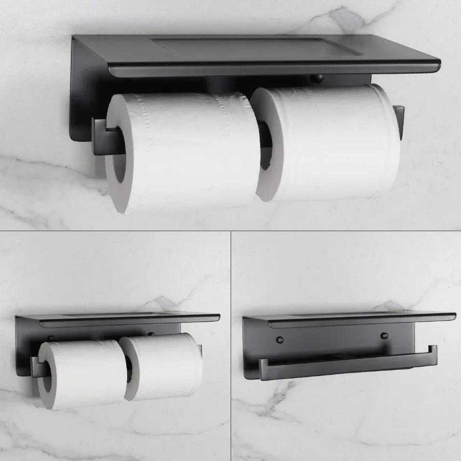 Matte Black Toilet Paper Holder - Toilet Paper Double Roll Holder with Shelf Wall Mounted for Bathroom Stainless Steel