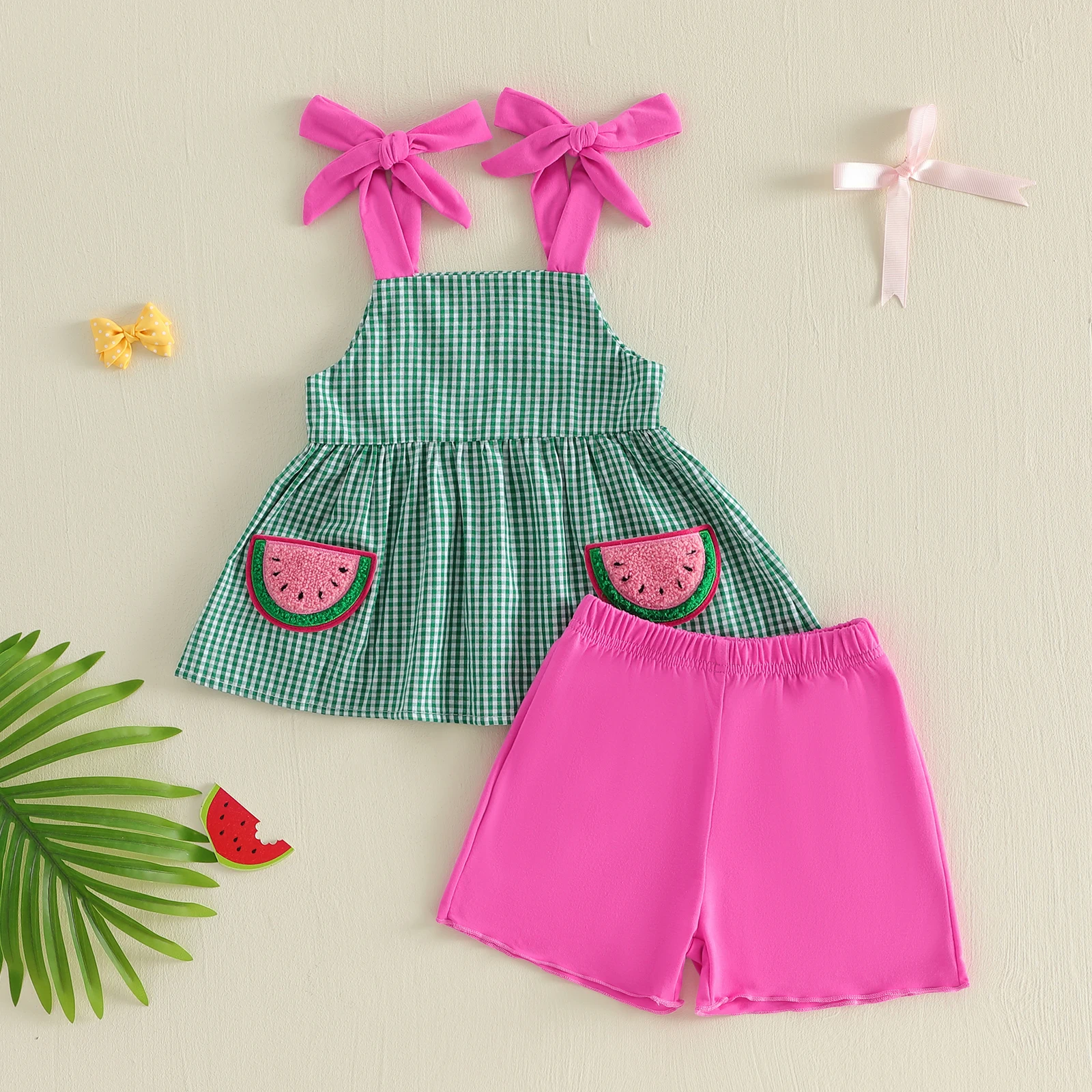 Toddler Baby Girl Summer Outfit Fashion Plaid Sleeveless Tie Shoulder Watermelon Embroidered Tank Tops and Solid Shorts 2pcs Set