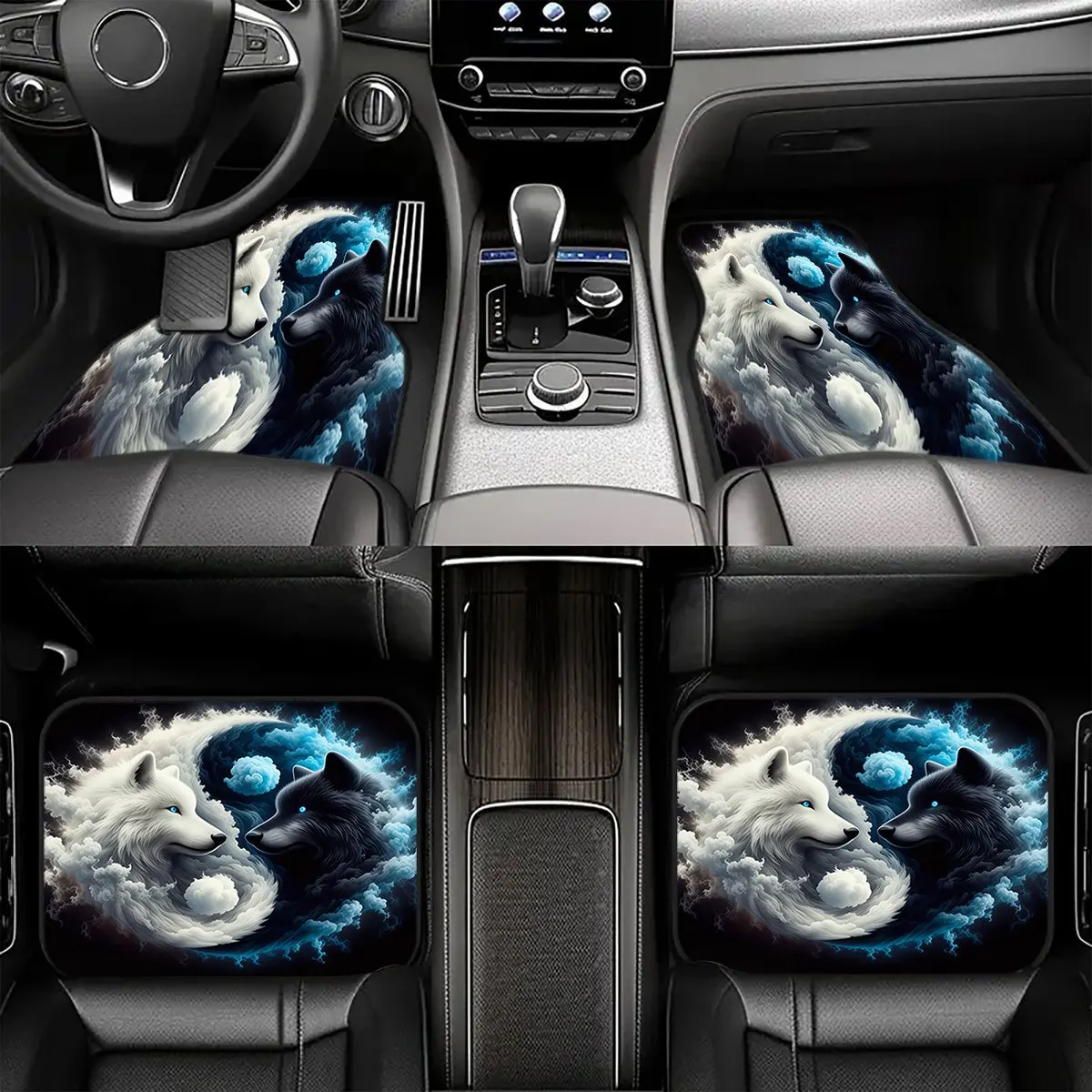 Набор из 4 автомобильных ковриков из хрустального бархата с узором «Инь-Ян: Два волка» и «Море облаков», прочные и легко моются, можно стирать в машине.