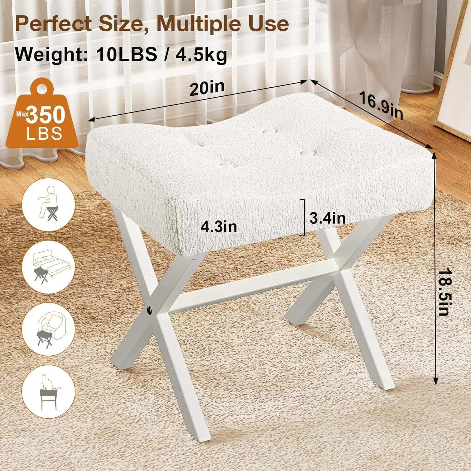 Banco grande de vaidade de 18 polegadas com pernas em X de metal, assento de tecido macio Boucle em branco