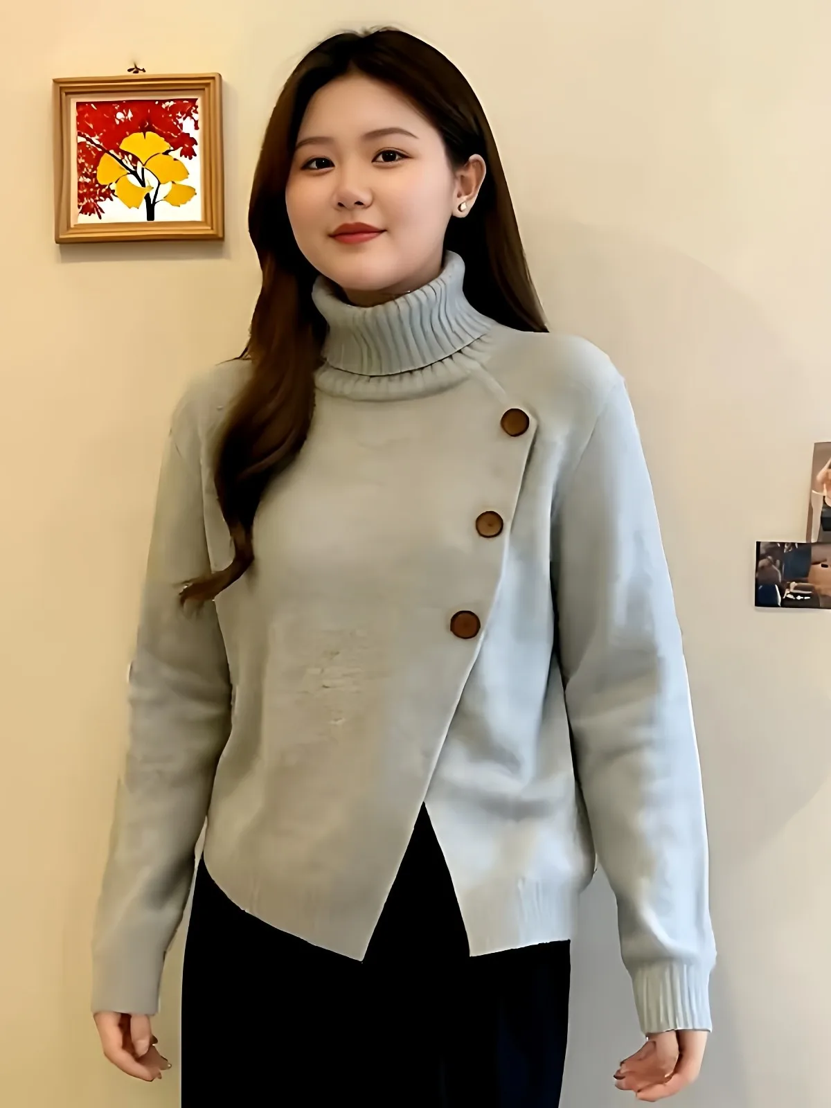 

Повседневный асимметричный серый вязаный свитер женский зимний с высоким воротом, разрезом по низу, длинными рукавами, шикарный теплый пуловер, базовая вязаная кофта