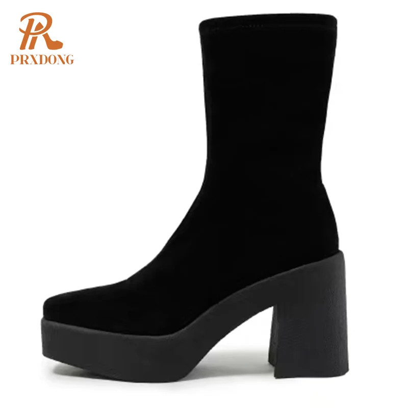 PRXDONG 2023 nuovo arrivo scarpe da donna autunno inverno stivaletti caldi piattaforma con tacco alto grosso vestito nero Party Office Lady