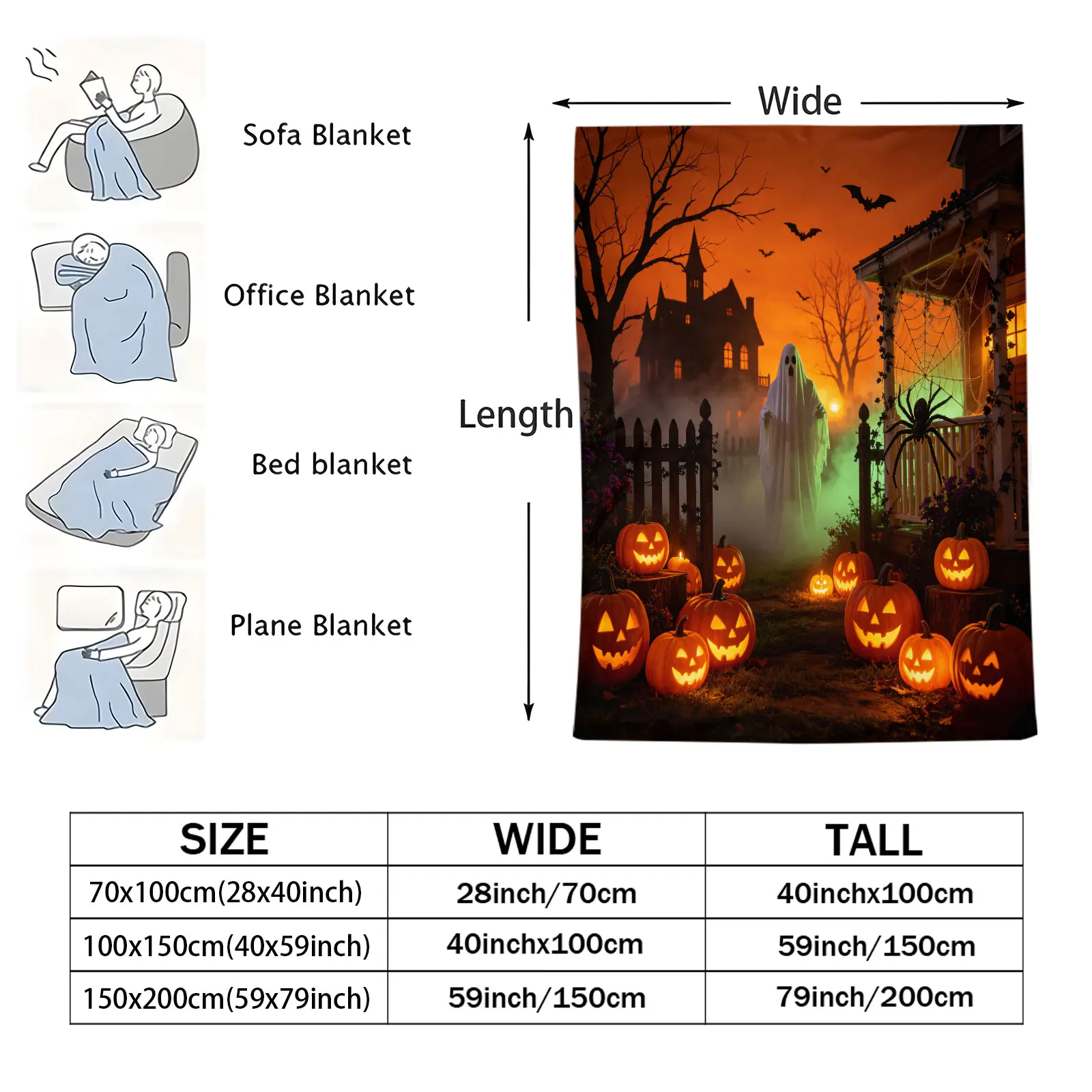 Halloween Flannel Throw Blanket Haunted House Ghost Pumpkin Bat Spider Scenery Print Soft Microfiber Blanket for Sofa Bed Travel