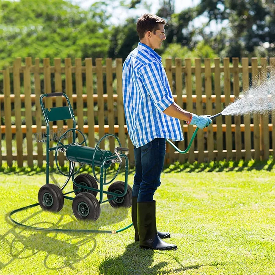 รถเข็นเก็บสายยางรดน้ำแบบพกพา 4 ล้อ พร้อมระบบนำสายยางและตะกร้าเก็บของ สำหรับใช้ในบ้าน ดีไซน์ทนสนิม