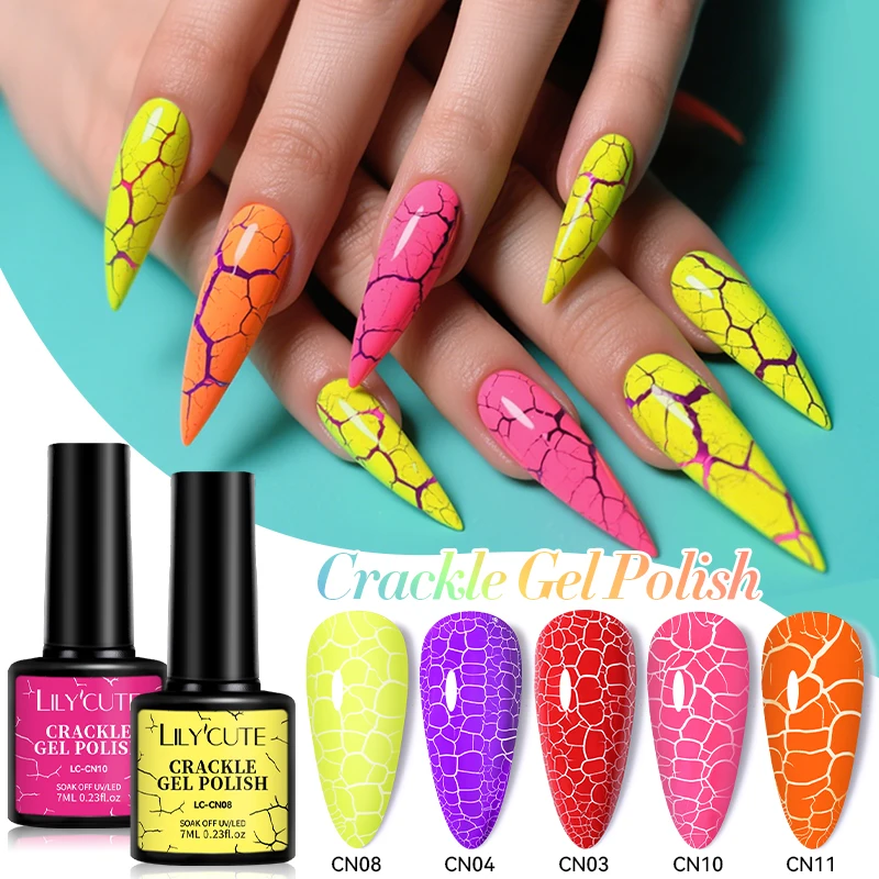 LILYCUTE 7ml Neon Crackle Gel Nail Polish Semi Permanent UV Gel Summer Fluorescent Cracking Nail Gel Nail Art Varnish Salon DIY
