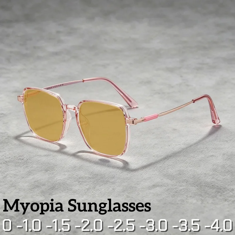 High-end Elegant Large Frame Fashionable Myopia Sunglasses Unisex Tea Color Lens UV Protection Shades Glasses 0 To -4.0