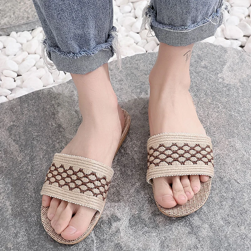 Summer Women Men Home Slippers Indoor Flat Shoes Casual Flax Slides Linen Slippers Ladies Flip Flops Sandals Zapatos Mujer