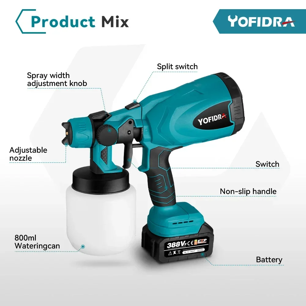 800ML Cordless Electric Spray Gun Portable Paint Sprayer Auto Furniture Steel Coating Airbrush Compatible For Makita 18V Battery