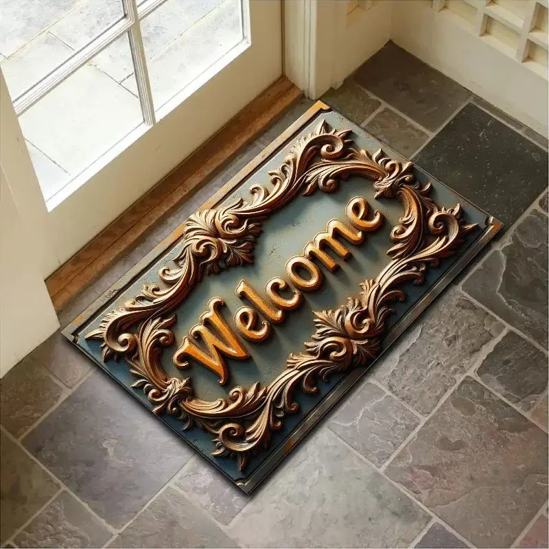 VIKAMA Retro European Gilded Vine Carving WELCOME Door Mat, Non-Slip Entrance Rug for Bathroom & Entryway Decor