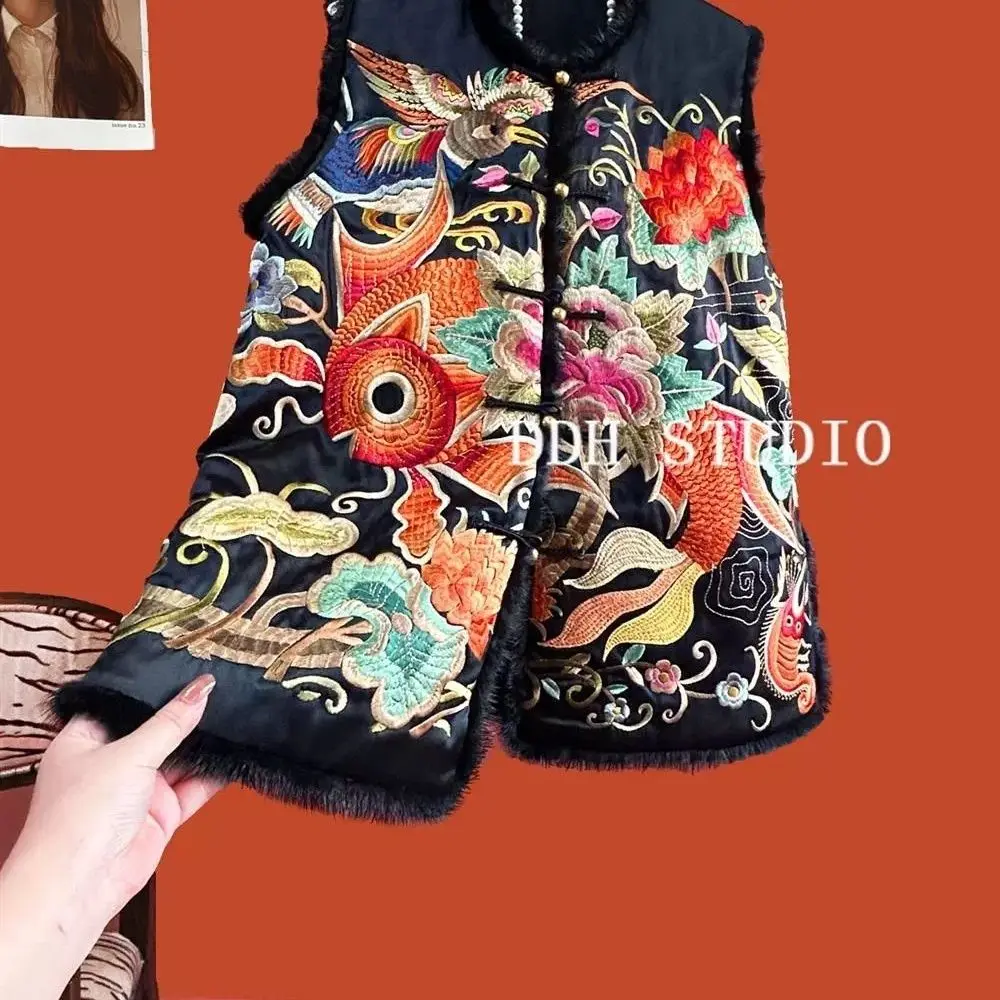 New Chinese Style Top Chinese Style Ancient Embroidery Vest With Fish Vest Satin Patchwork Sleeveless Top Embroidered Waistcoat