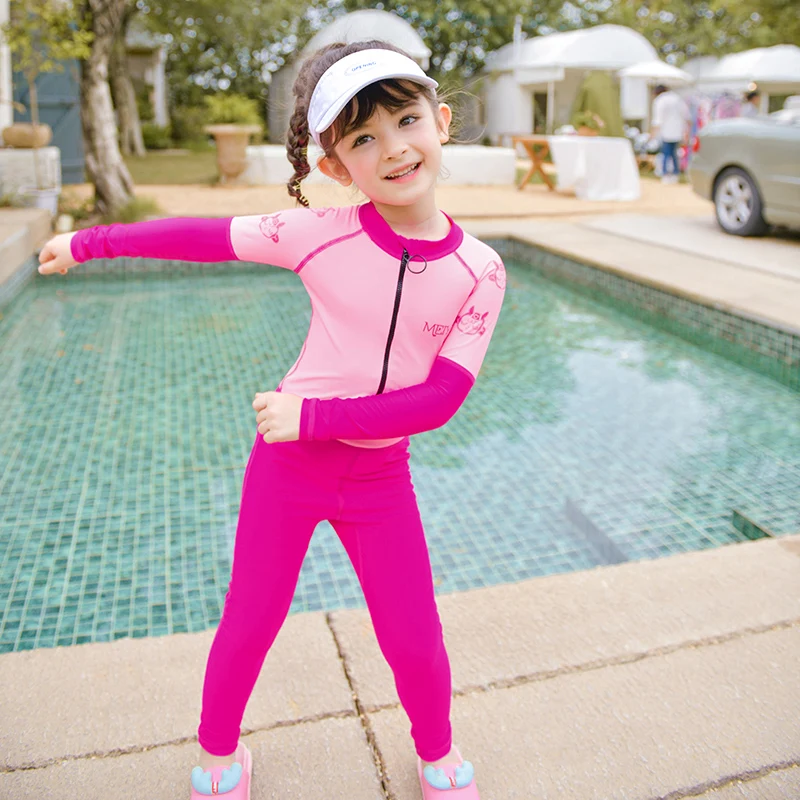 Top Quality Pink Kids Girls Swimwear One Piece Long Sleeve Swimsuit For Baby Child UPF50+ Full Body Bathing suit Front Zipper