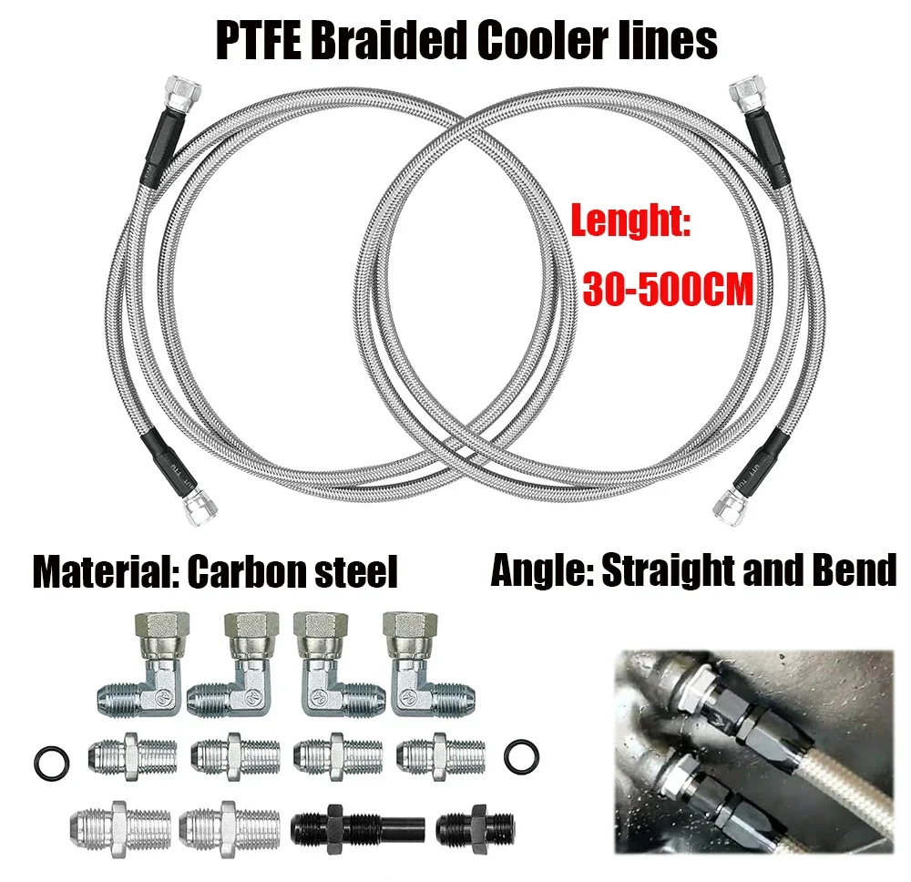 

0°/90° Stainless Steel SS Braided Transmission Hoses Lines Kit Set For TH350 700R4 TH400 10 Fittings 2 Tubes 30~500CM Length