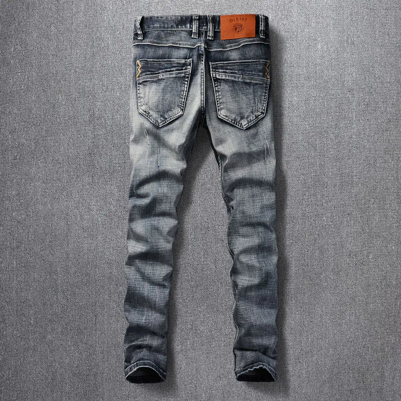 Fashion Designer Men Jeans High Quality Retro Blue Gray Stretch Slim Fit Ripped Jeans Men Embroidery Vintage Denim Pants Hombre