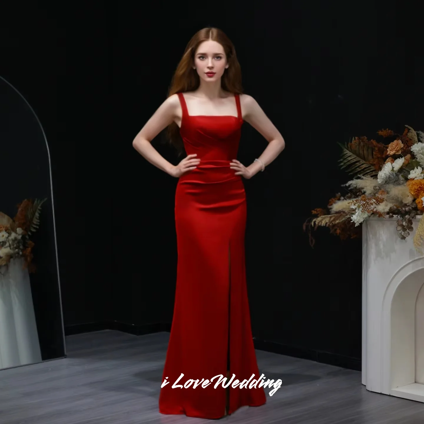 Красное вечернее платье на тонких бретельках 2022, атласное платье без рукавов с квадратным воротником, длиной до пола, свадебное платье для гостей по индивидуальному заказу