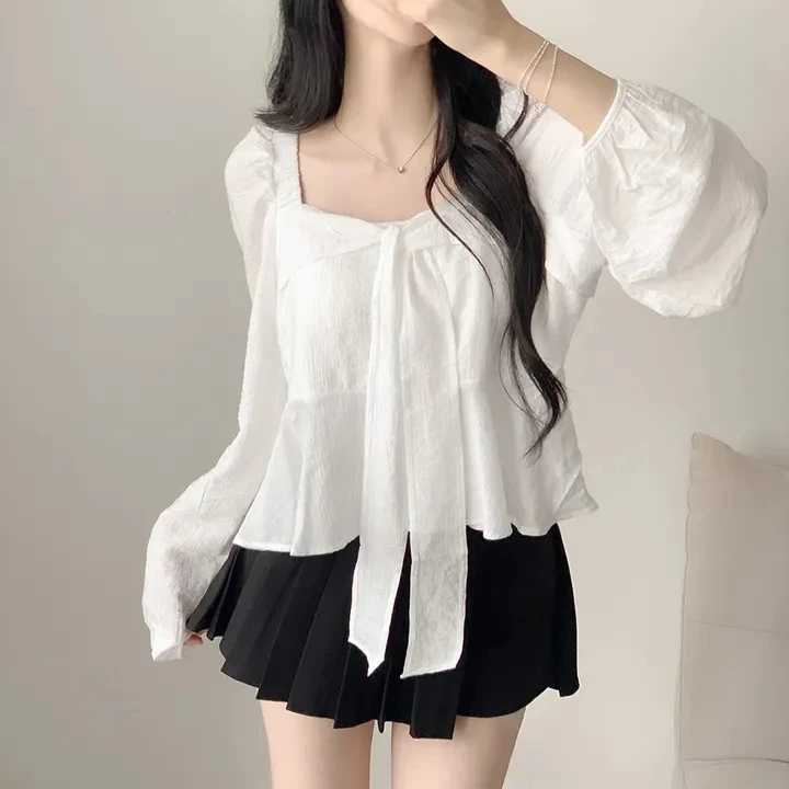 Chic Women's Chiffon irt Spring Autumn Bow Tie Gentle Sweet Anti Aging  Color Square Collar Long Sve ort Top