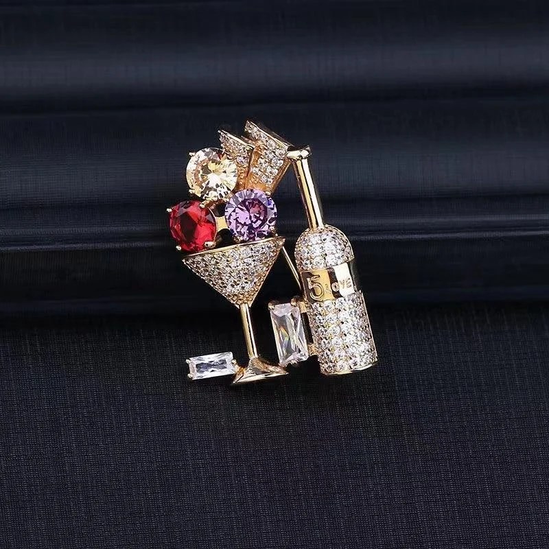 Creative Cocktail Glass Micro-inlaid Zircon Brooch Fashion Temperament Corsage Pin Trend Accessories Brooch