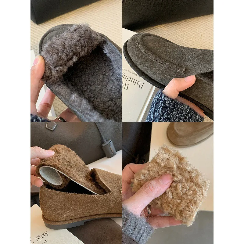 Wool Version Round Head Lazy Hairy Shoes Women's Fleece Old Money Wind Loafers Fleece Warm Cotton Flats Slip-on