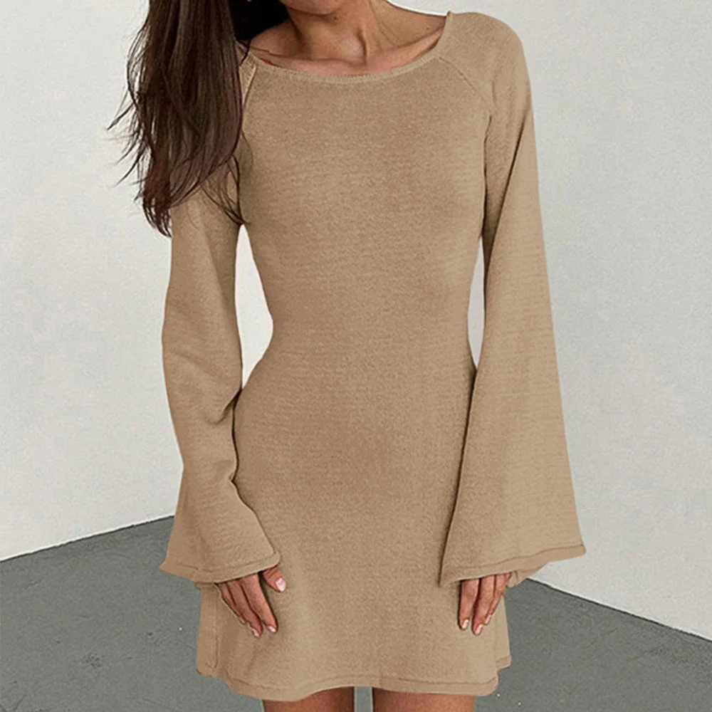 Abiti primavera estate carino semplice tinta unita manica lunga girocollo mini abiti camicia quotidiana per le donne