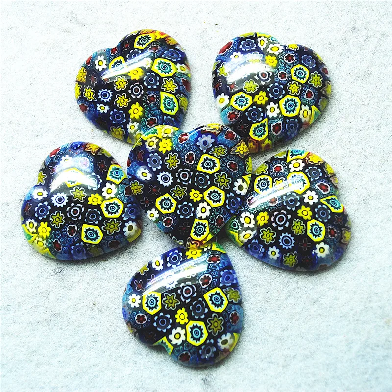 6PCS 30MM New Italy Millfiori Glass Cabochons Heart Shape Loose Beads Cabs No Hole DIY Jewelry Findings