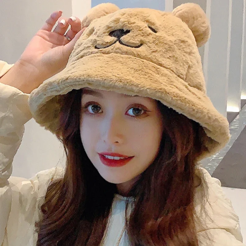 Cute Autumn Winter Leopard Fur Bucket Hat Bear Ear Ball Plush Fisherman Hat Soft Warm Thick Basin Hat Sun Protection Bucket Hats