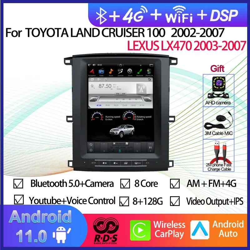 

Автомобильный GPS-навигатор на Android 11 в стиле Тесла для TOYOTA LAND CRUISER 100 2002-2007/LEXUS LX470 2003-2007, автомобильное радио, стереоплеер