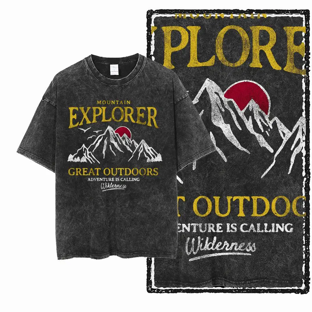 Men's Adventure T-Shirt Black Big Size Washed Distressed Outdoor Explorer Graphic Print Cotton T Shirt Unique Tee Shirt G78