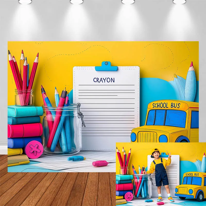 LS School Themed Photography Background Colored Pencils Book Clips Car Decor Kindergarten Kids Portrait Photo Backdrop Studio