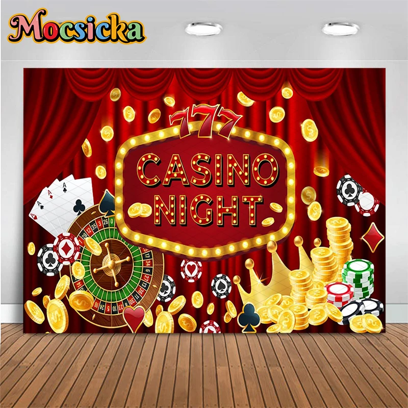 

Mocsicka Casino Night Photography Backdrop Las Vegas Party Red Curtain Background Cloth Roulette Poker Gold Coins Photo Booth