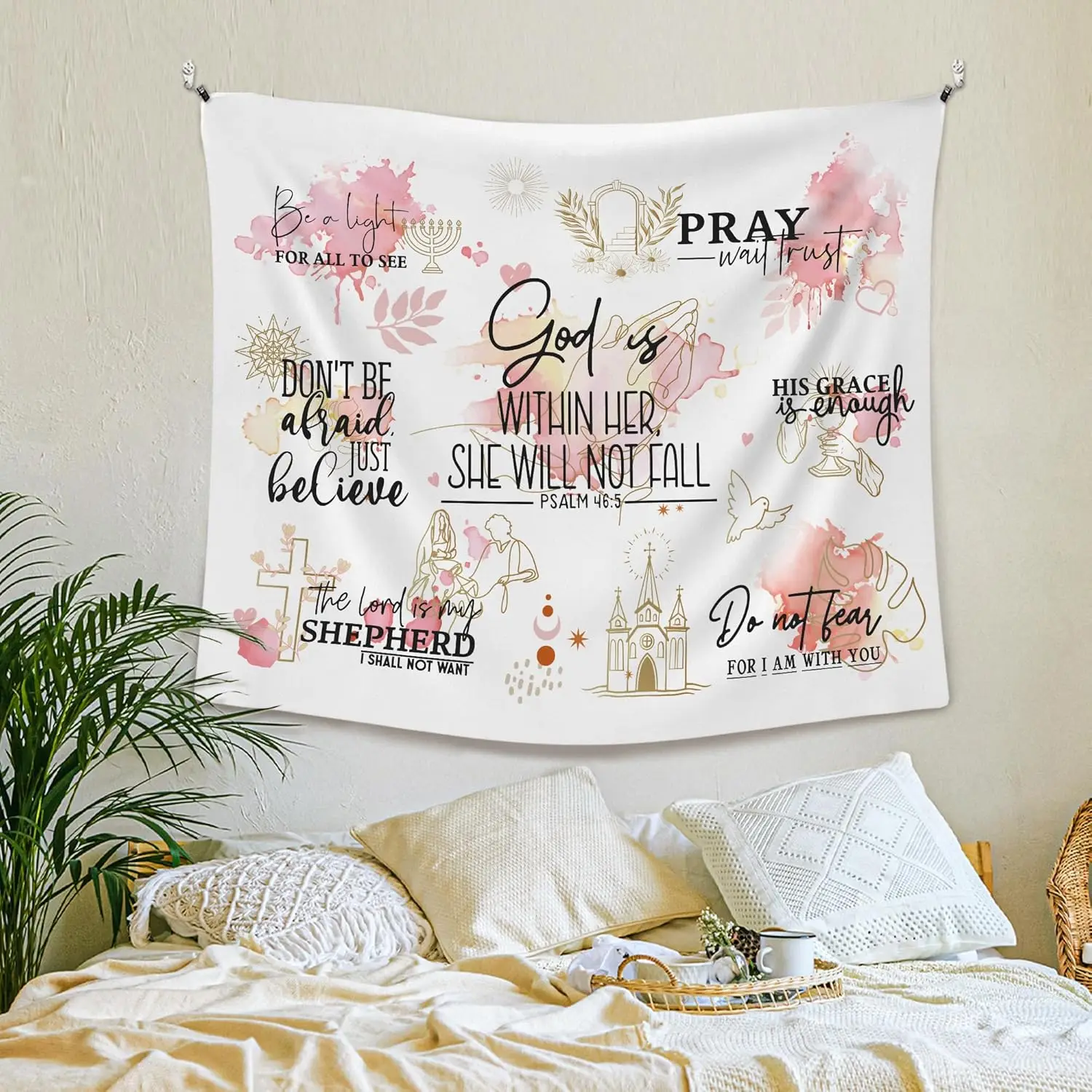 Christian God Is within Her She Will Not Fall Wall Tapestry, Bible Verse Wall Tapestry Hanging for Bedroom Girly Room, Religious