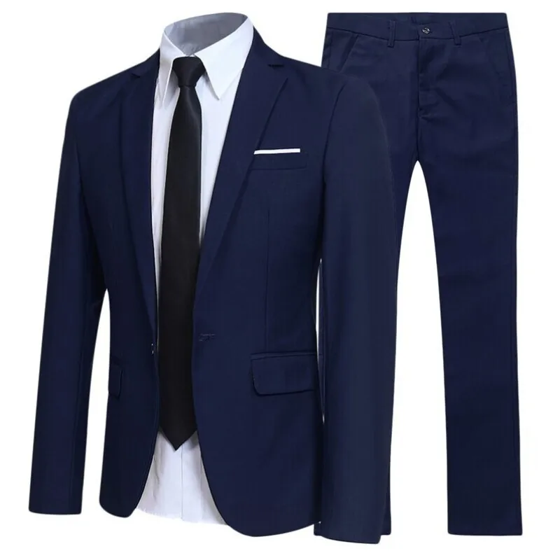 Men\'s Black Elegant Suits+Pants Slim Fit Single Button Lapel Pockets Blazer Party Formal Business Dress Suit Male Wedding Set